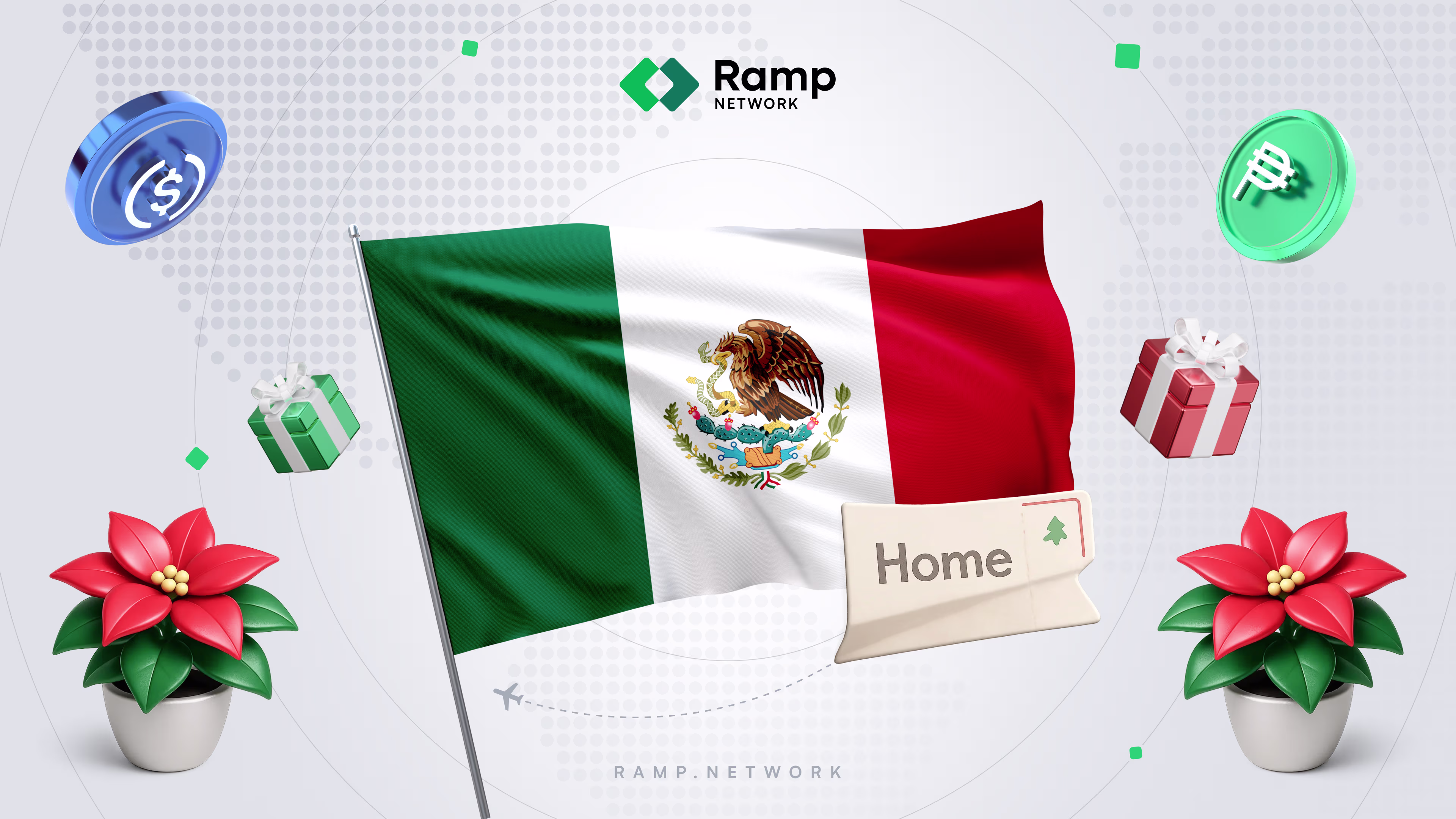 Mexican flag with Ramp Network Logo surrounded by coins