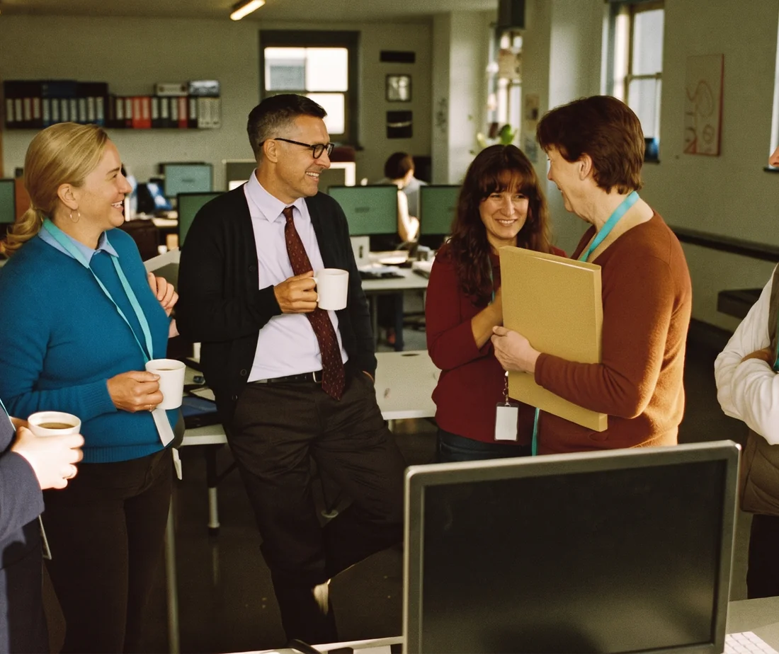An accounting firm team catching up over coffee in their open office
