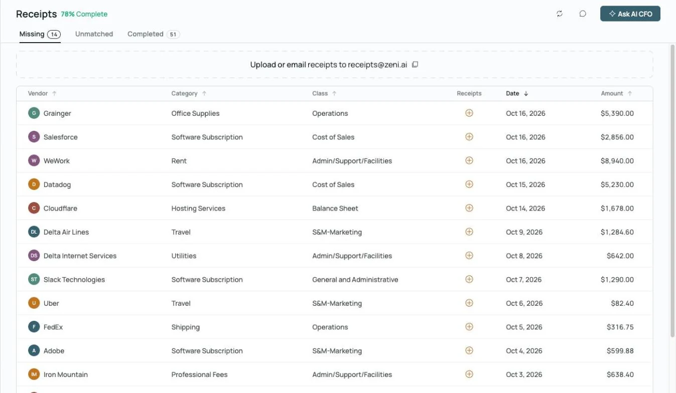 Zeni Receipts screen listing transactions missing receipts