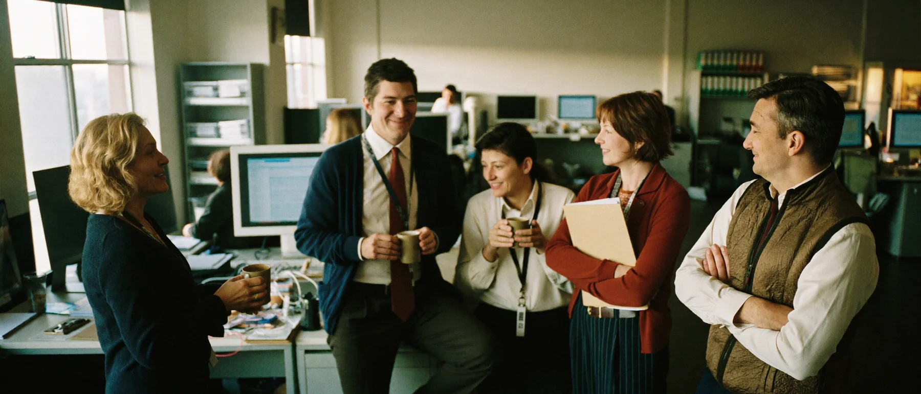 Accounting firm colleagues chatting with coffee and client folders in their office