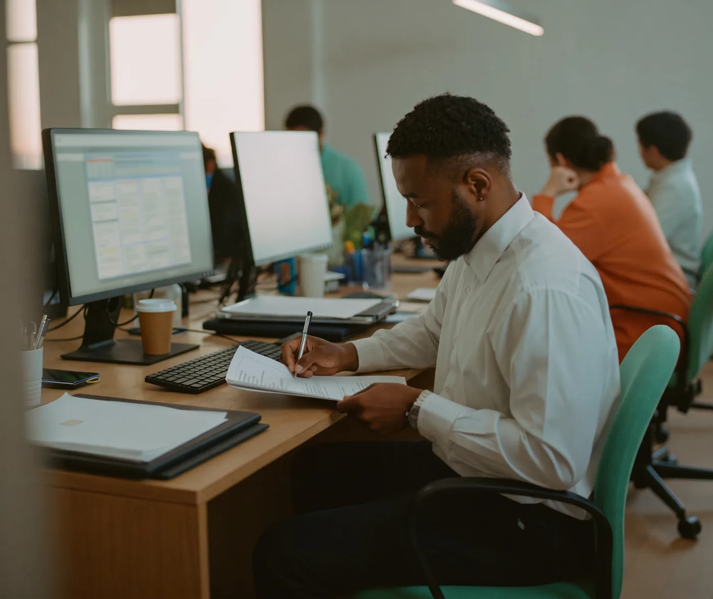 A clinic office manager reviewing medical bookkeeping at his desk