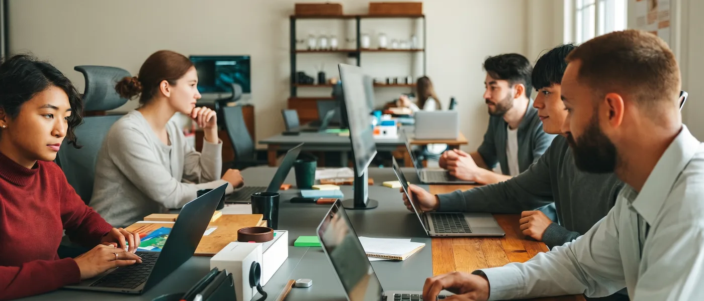 Engineers and operators at a tech startup collaborating around a long table