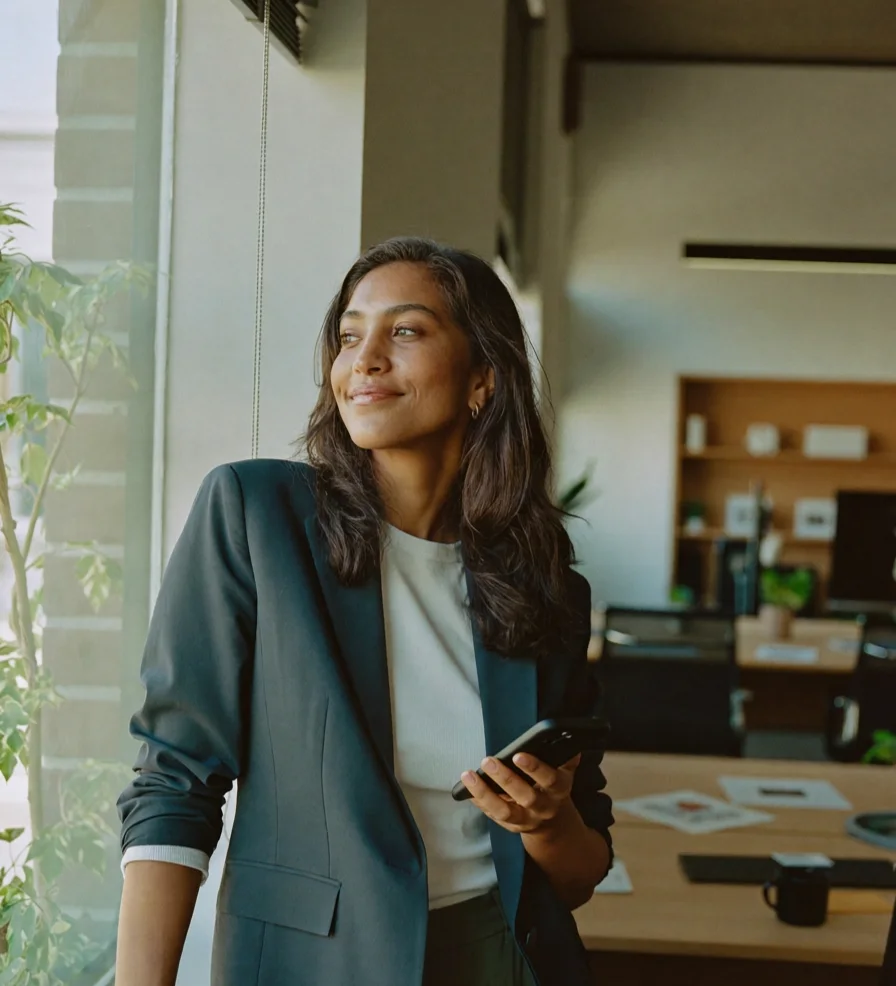 A startup founder and CEO checking her phone by an office window
