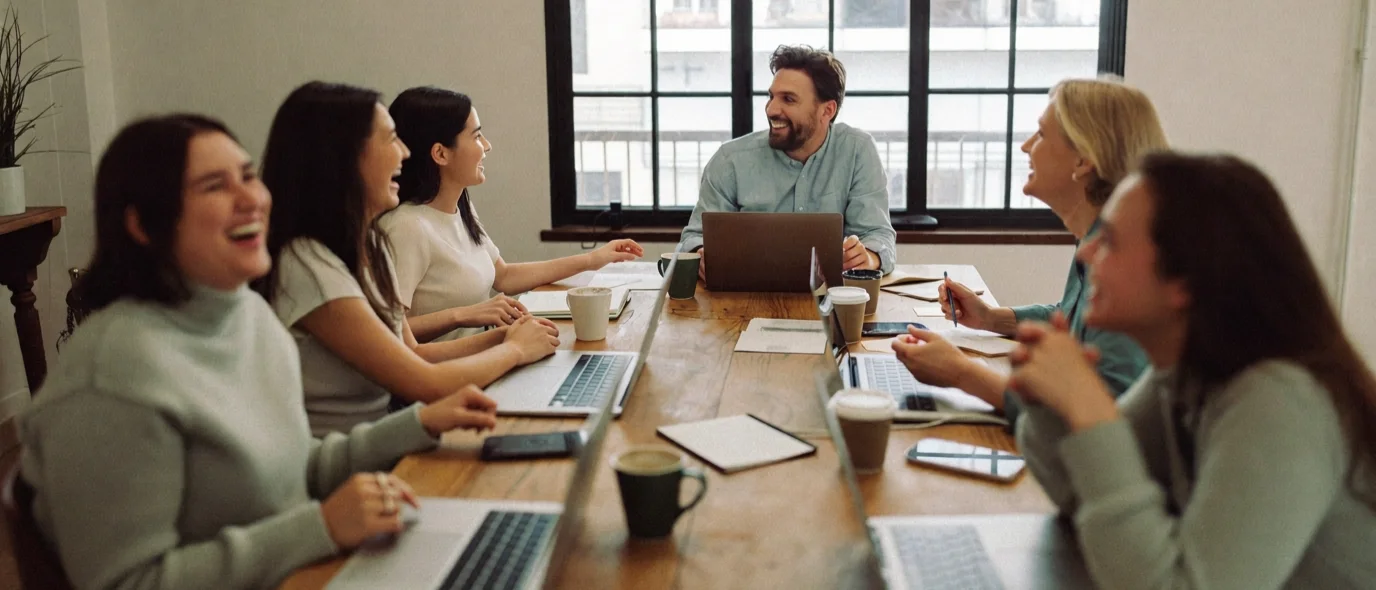 A startup team laughing during a weekly meeting in a sunlit office
