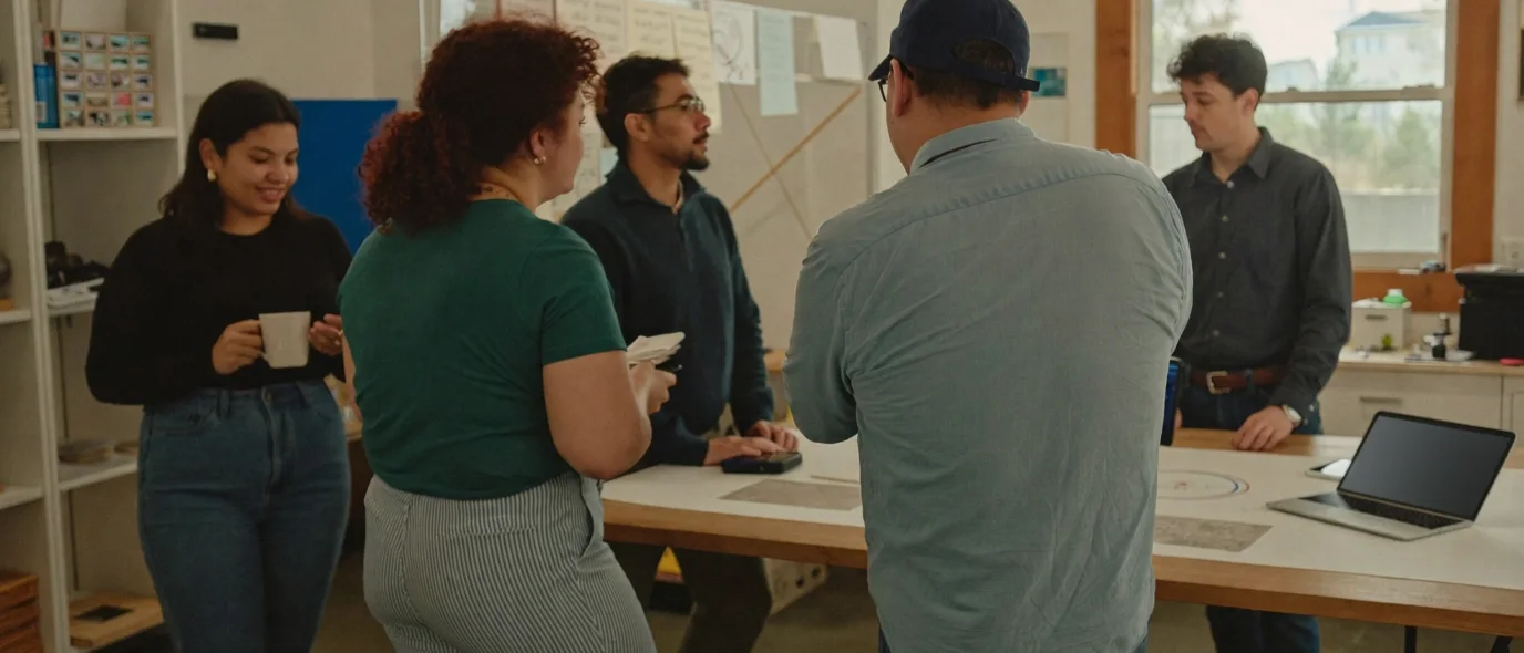 The staff of a small design and print shop talking around a worktable