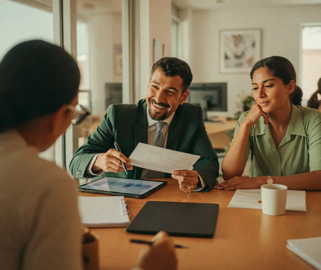 An accountant explaining a financial statement to two clients