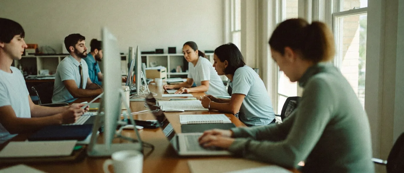 An accounting firm team reviewing work together in a bright office
