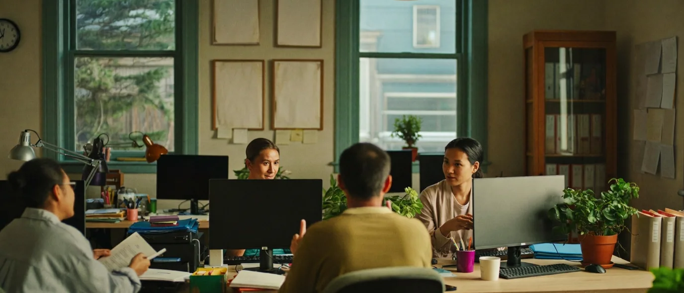 A small bookkeeping practice chatting across desks in a cozy office