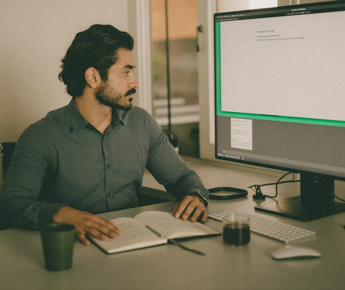 An operations manager at a professional services firm reviewing project costs at his desk