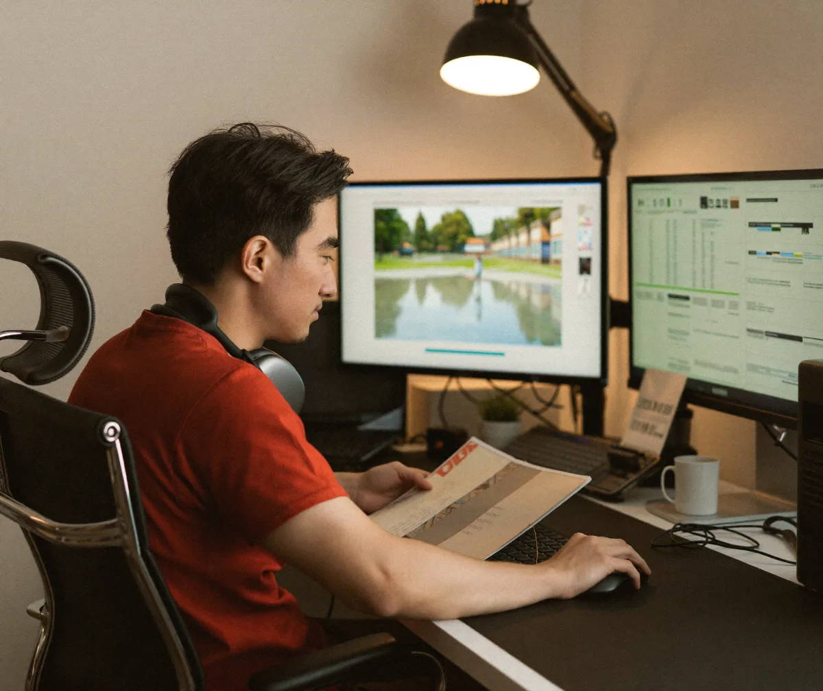 A video game producer reviewing a schedule at his desk