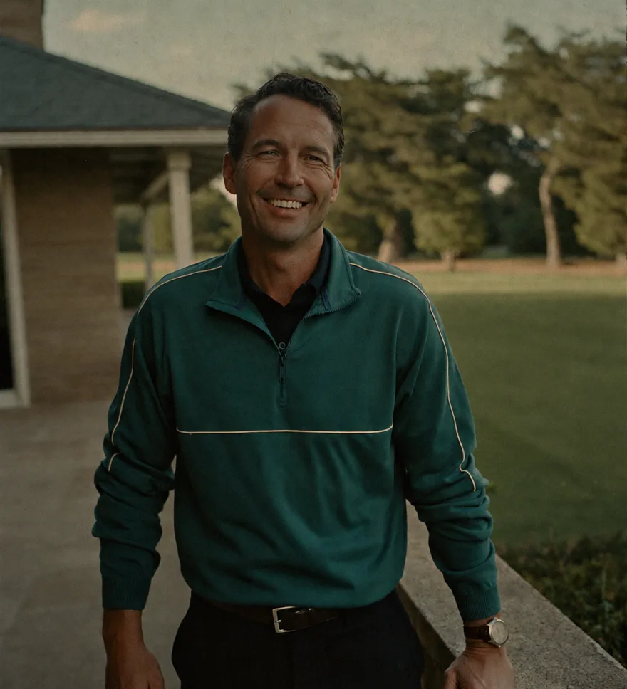The general manager of a golf club standing on the clubhouse terrace