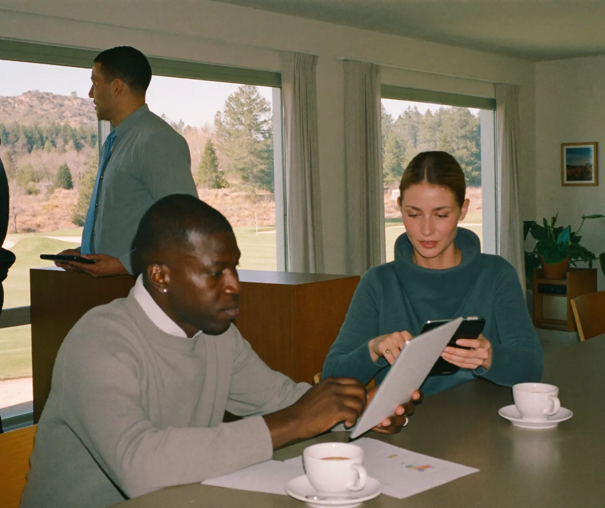 A golf course owner and general manager reviewing figures with a finance advisor