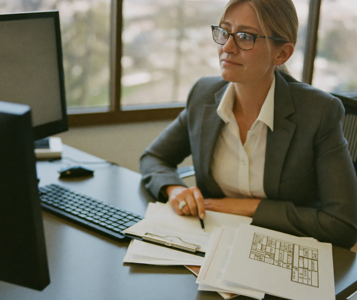An accountant at a real estate firm reviewing documents at her desk
