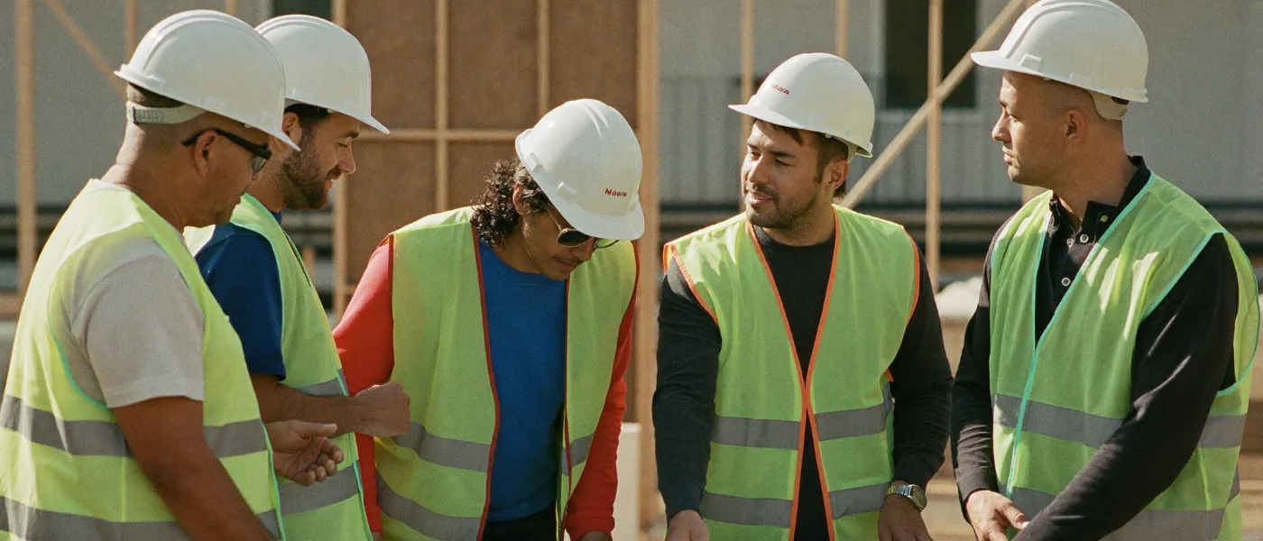 A construction crew reviewing plans together at a jobsite