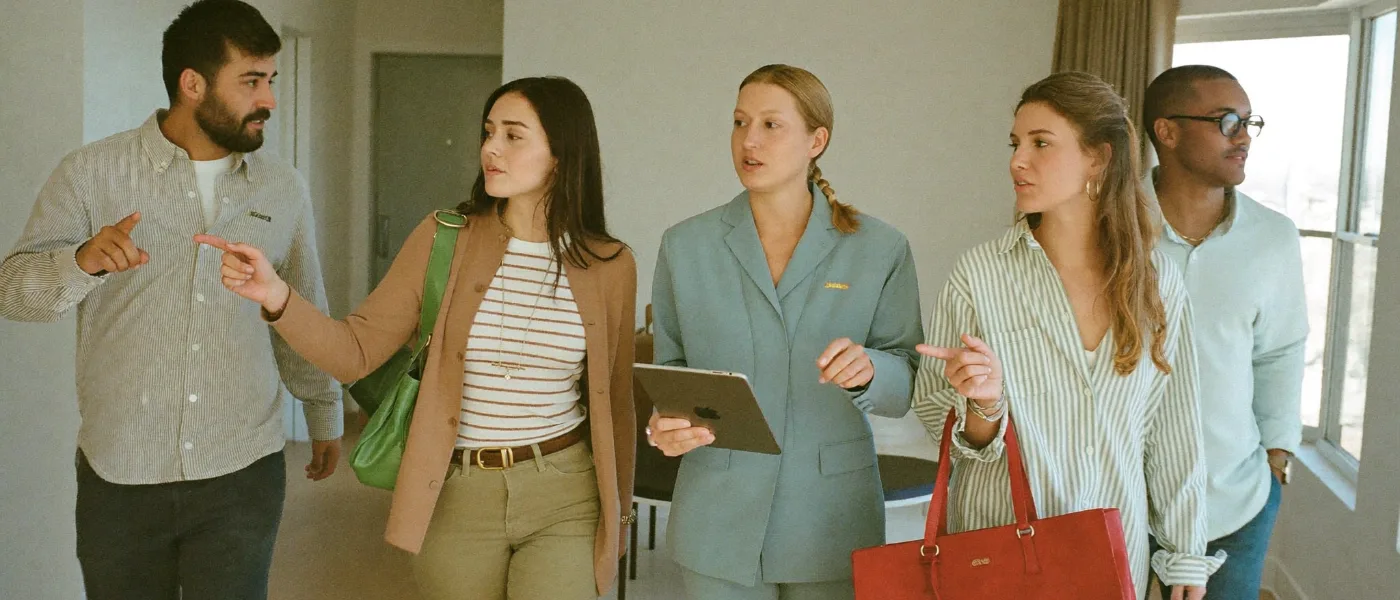 A real estate team walking through a renovated apartment
