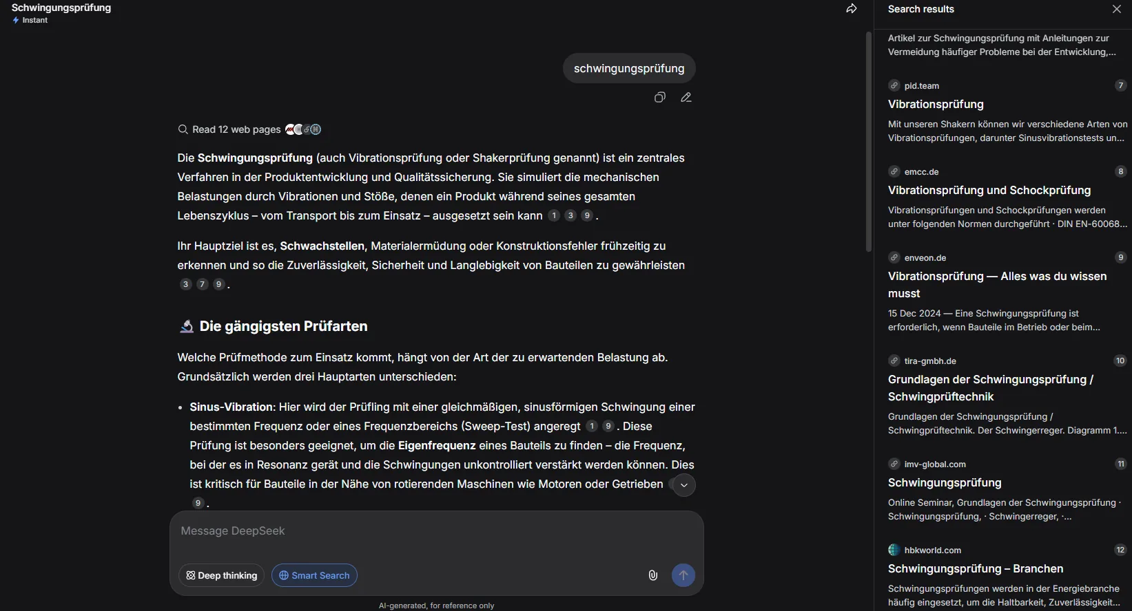 DeepSeek zur Suche „schwingungsprüfung“ – enveon wird als Quelle genannt
