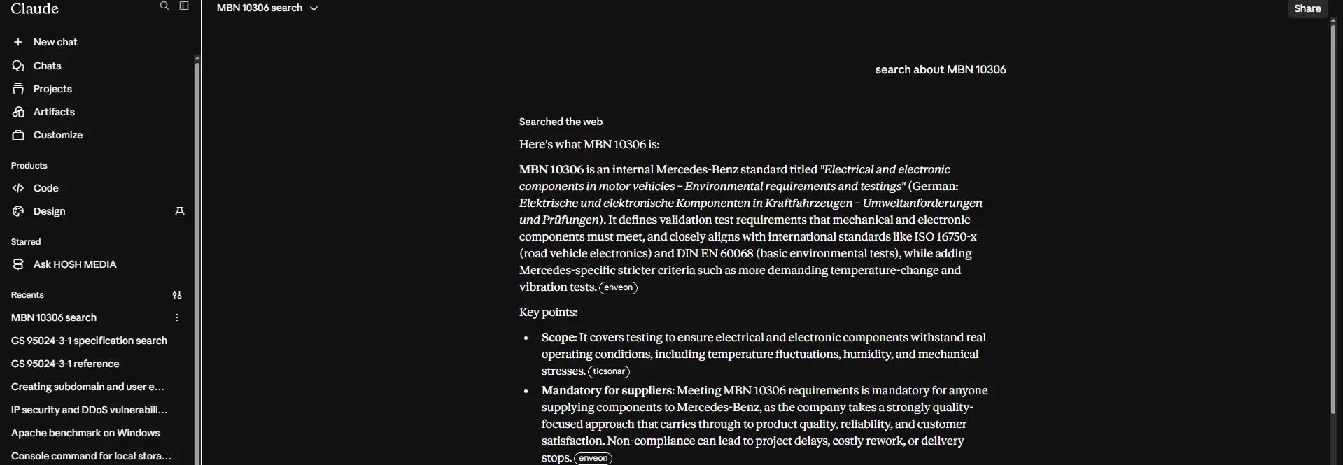 Claude zur Suche „MBN 10306“ – enveon wird als Quelle genannt