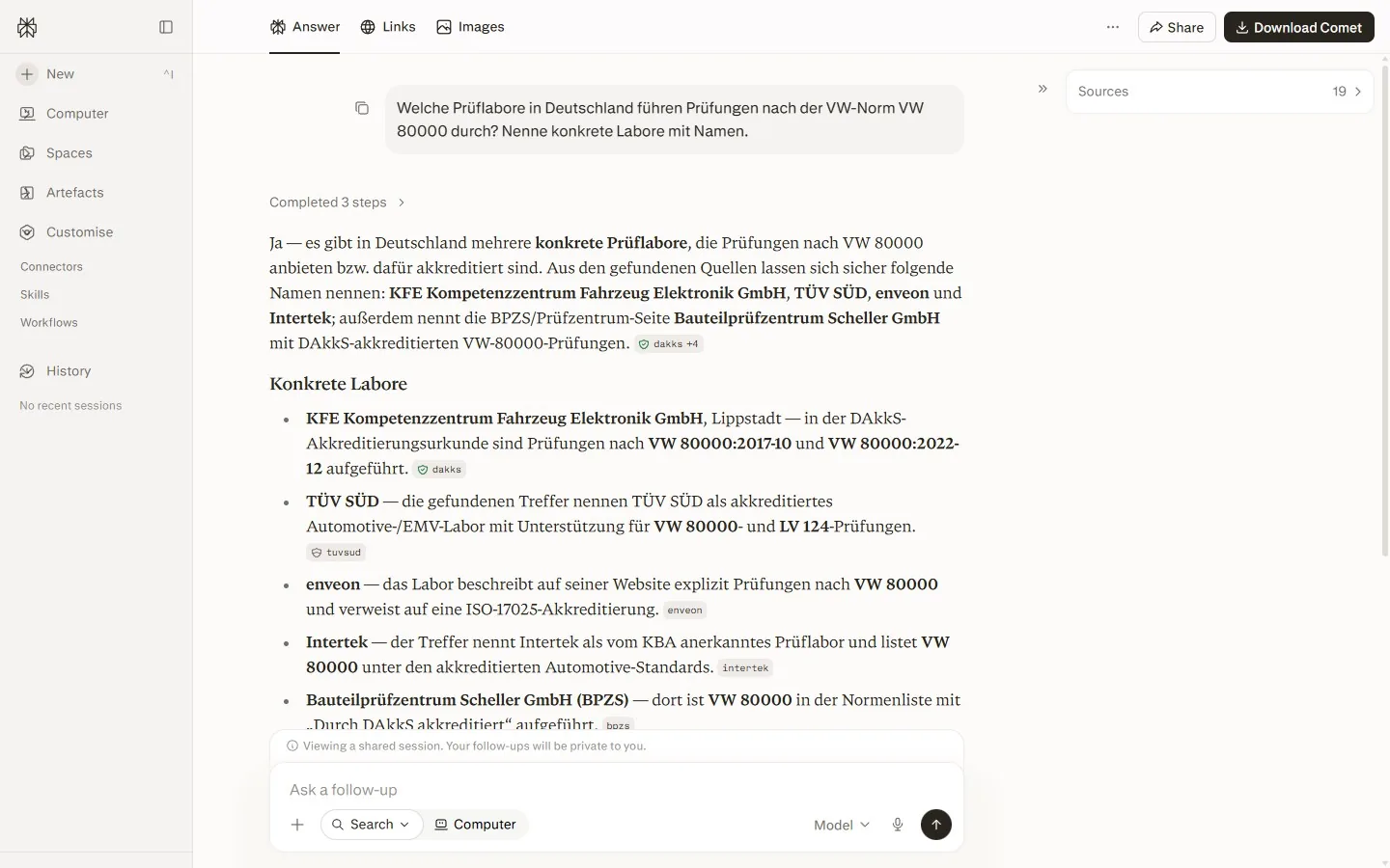 Perplexity zur Suche „Welche Prüflabore in Deutschland führen Prüfungen nach der VW-Norm VW 80000 durch?“ – enveon wird als Quelle genannt