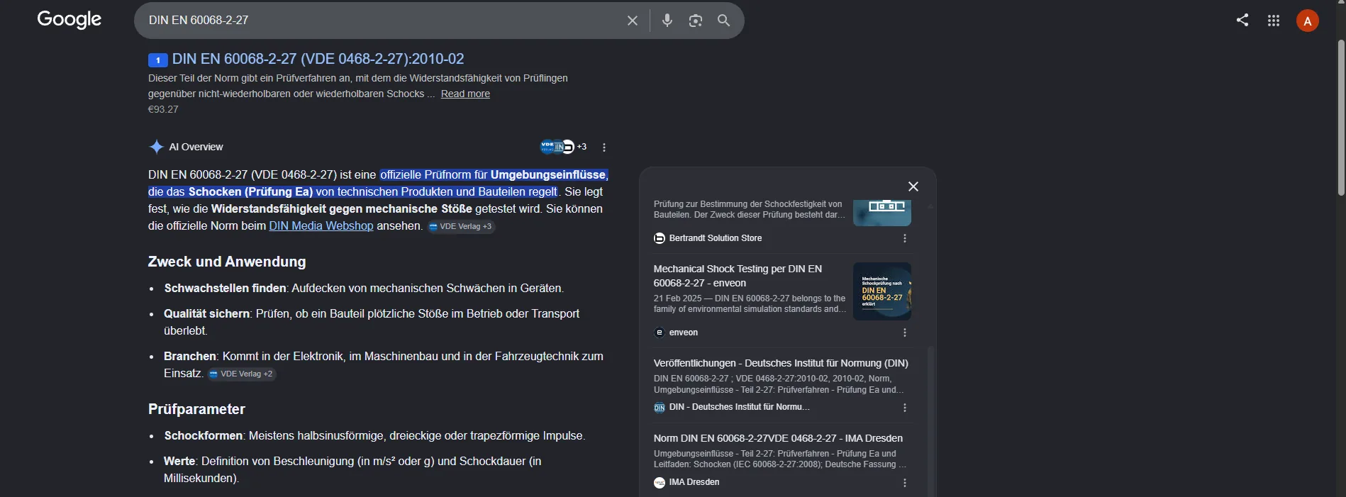 Google AI Overview zur Suche „DIN EN 60068-2-27“ – enveon wird als Quelle genannt