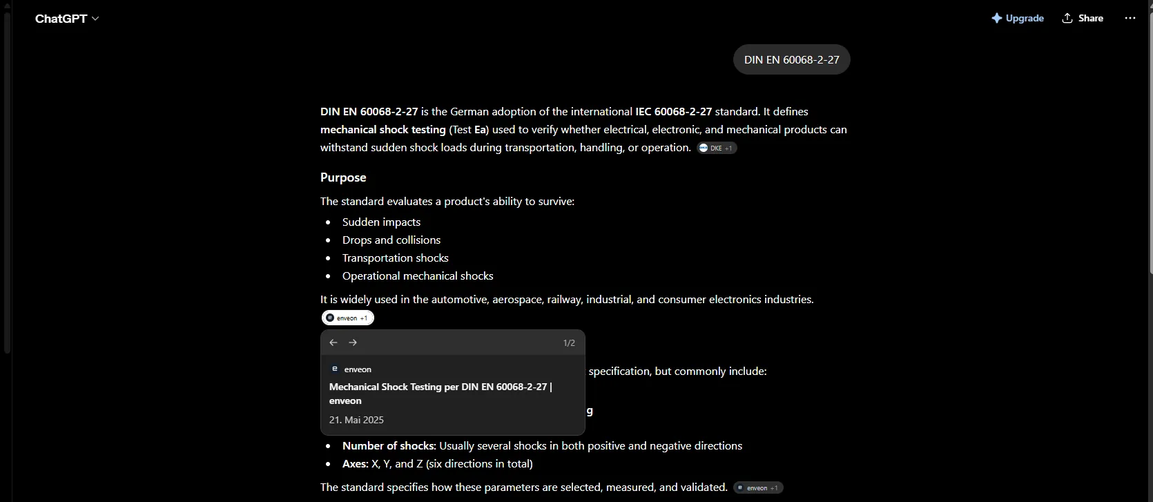 ChatGPT zur Suche „DIN EN 60068-2-27“ – enveon wird als Quelle genannt