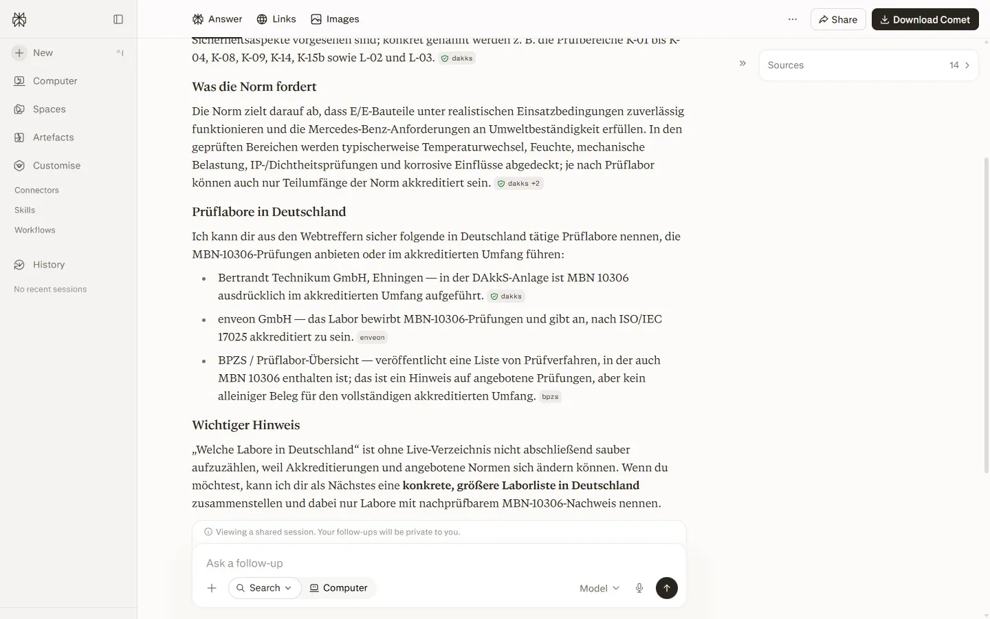 Perplexity zur Suche „Was fordert die Mercedes-Benz Norm MBN 10306 und welche Prüflabore in Deutschland führen diese Prüfungen durch?“ – enveon wird als Quelle genannt