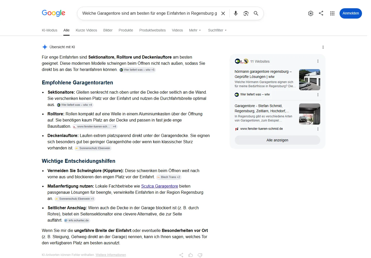 Google AI Overview zur Frage „Welche Garagentore sind am besten für enge Einfahrten in Regensburg geeignet?“, Scutca Garagentore wird als Quelle genannt
