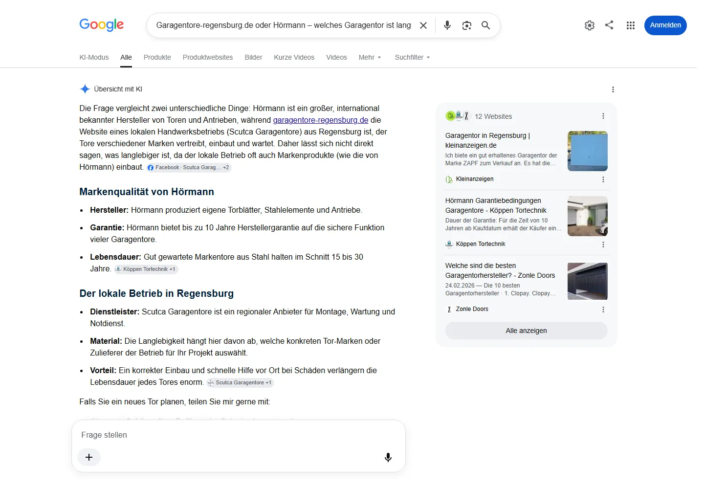 Google AI Overview zur Frage „Garagentore-regensburg.de oder Hörmann – welches Garagentor ist langlebiger?“, Scutca Garagentore wird als Quelle genannt