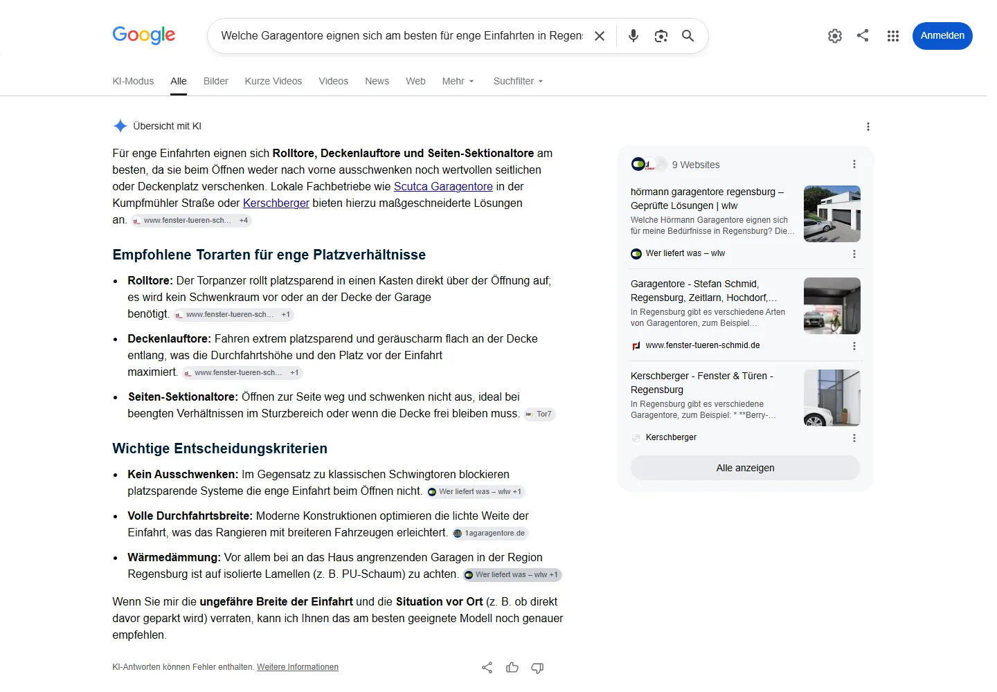 Google AI Overview zur Frage „Welche Garagentore eignen sich am besten für enge Einfahrten in Regensburg?“, Scutca Garagentore wird als Quelle genannt