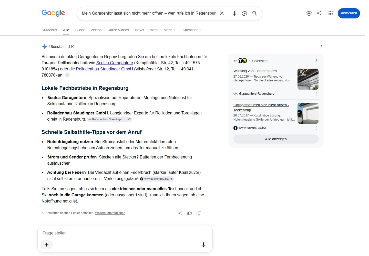 Google AI Overview zur Frage „Mein Garagentor lässt sich nicht mehr öffnen – wen rufe ich in Regensburg an?“, Scutca Garagentore wird als Quelle genannt