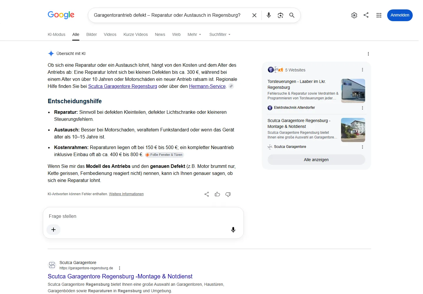 Google AI Overview zur Frage „Garagentorantrieb defekt – Reparatur oder Austausch in Regensburg?“, Scutca Garagentore wird als Quelle genannt
