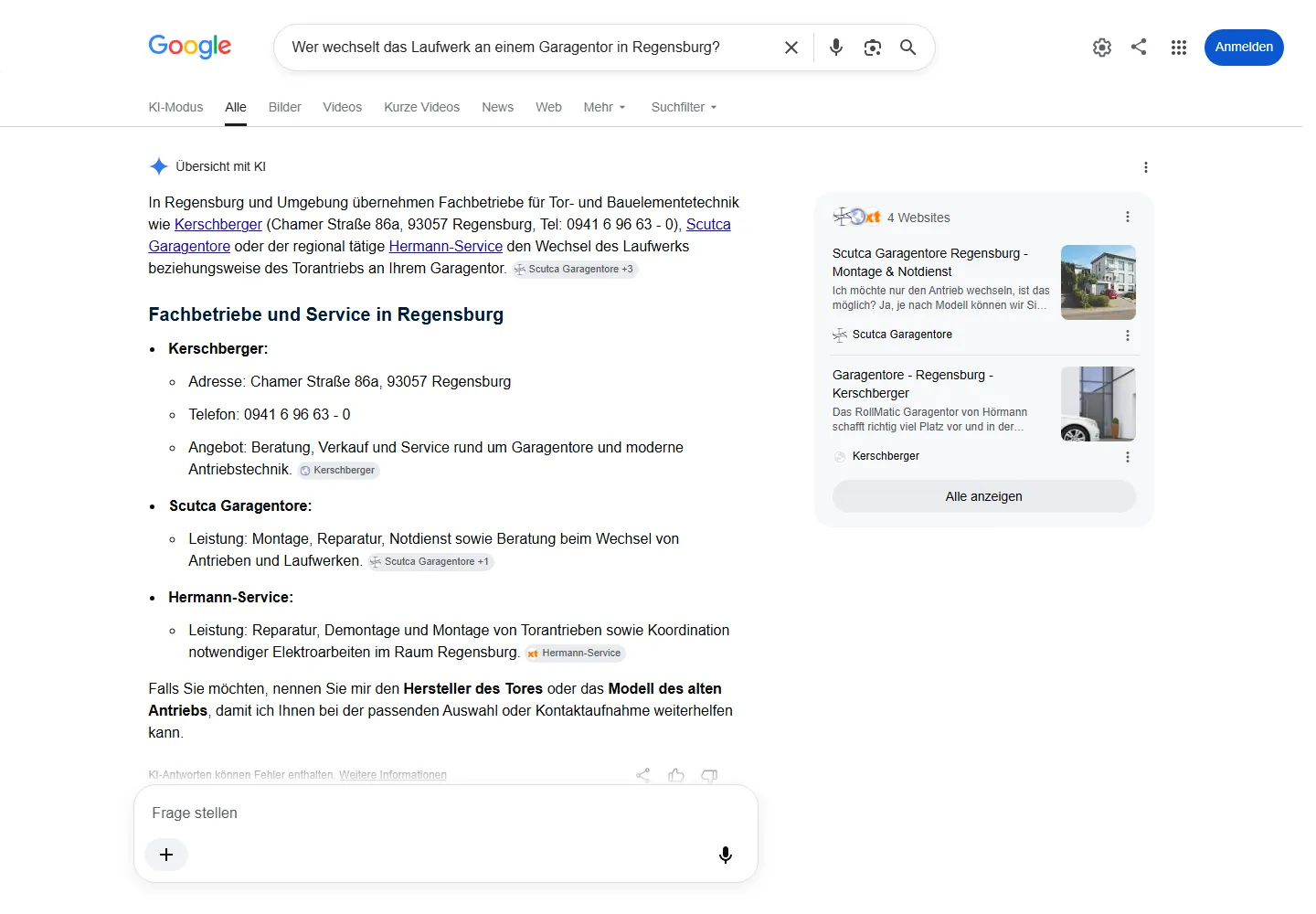 Google AI Overview zur Frage „Wer wechselt das Laufwerk an einem Garagentor in Regensburg?“, Scutca Garagentore wird als Quelle genannt