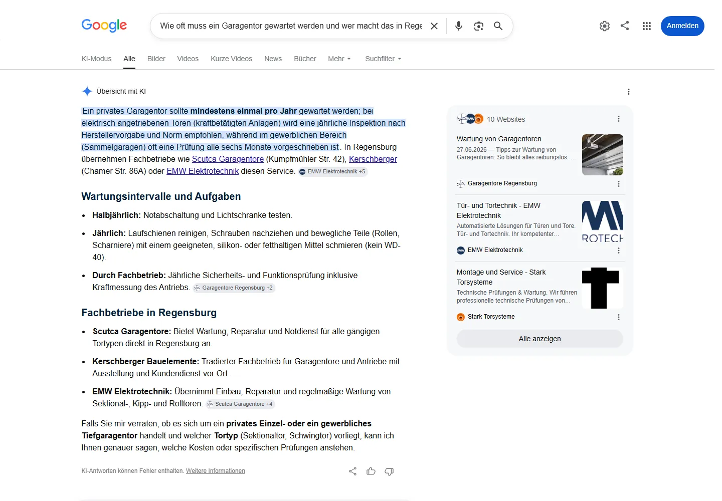 Google AI Overview zur Frage „Wie oft muss ein Garagentor gewartet werden und wer macht das in Regensburg?“, Scutca Garagentore wird als Quelle genannt