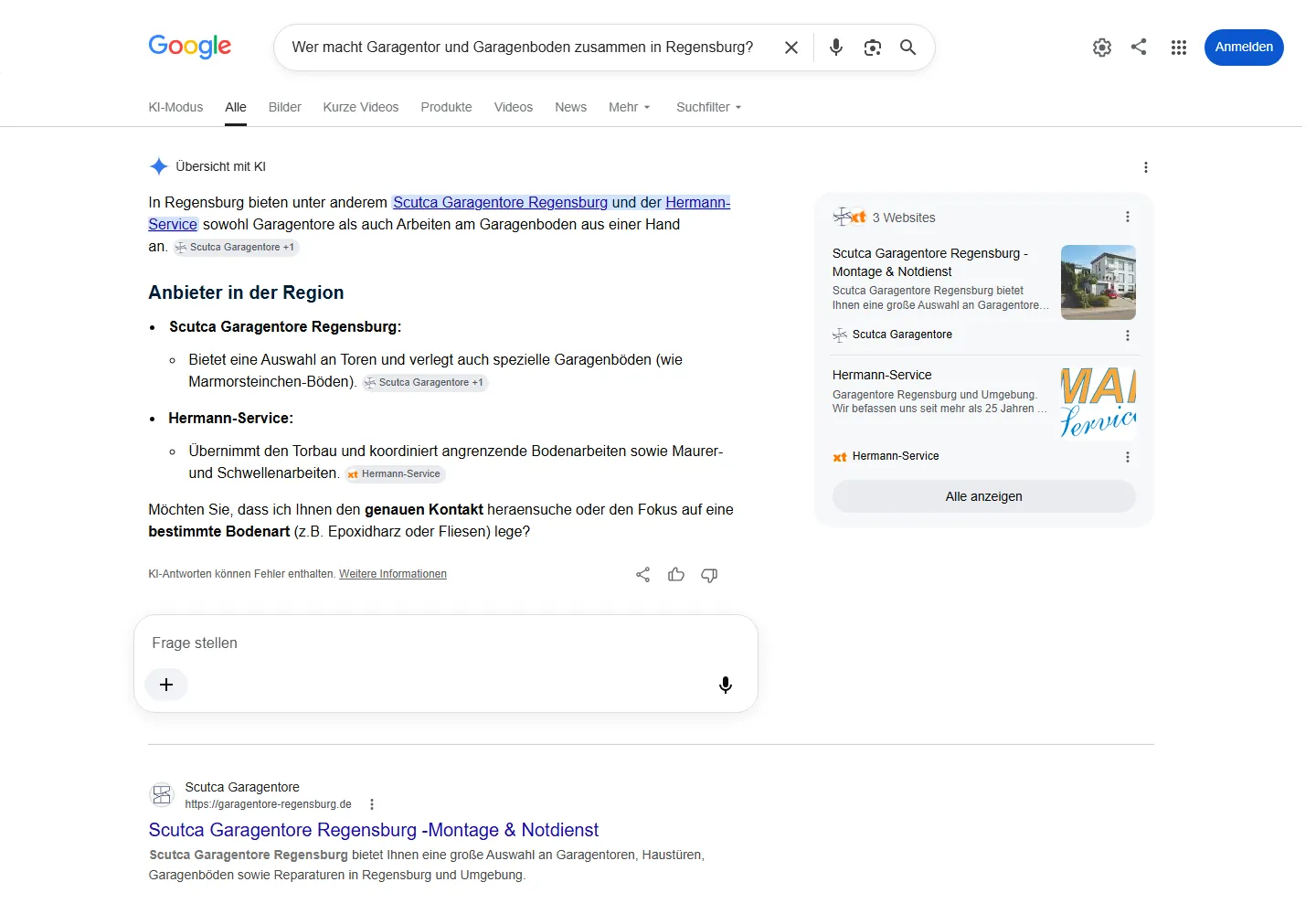 Google AI Overview zur Frage „Wer macht Garagentor und Garagenboden zusammen in Regensburg?“, Scutca Garagentore wird als Quelle genannt