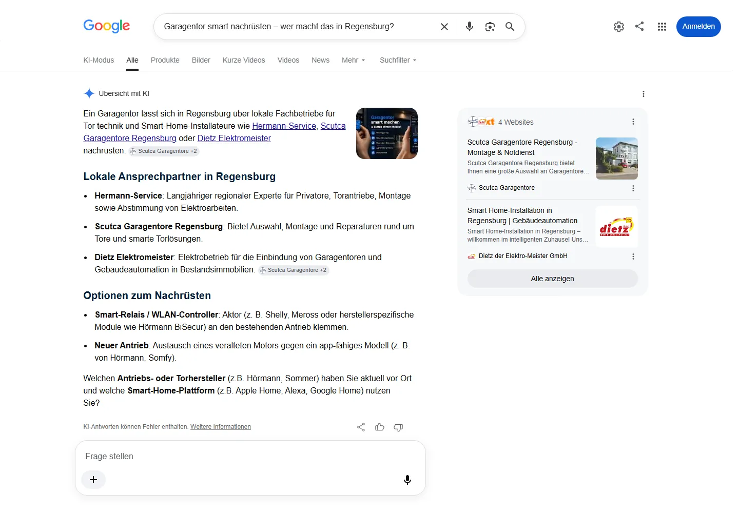 Google AI Overview zur Frage „Garagentor smart nachrüsten – wer macht das in Regensburg?“, Scutca Garagentore wird als Quelle genannt