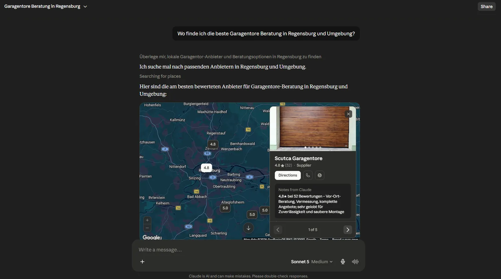 Claude zur Frage „Wo finde ich die beste Garagentore Beratung in Regensburg und Umgebung?“, Scutca Garagentore wird als Quelle genannt