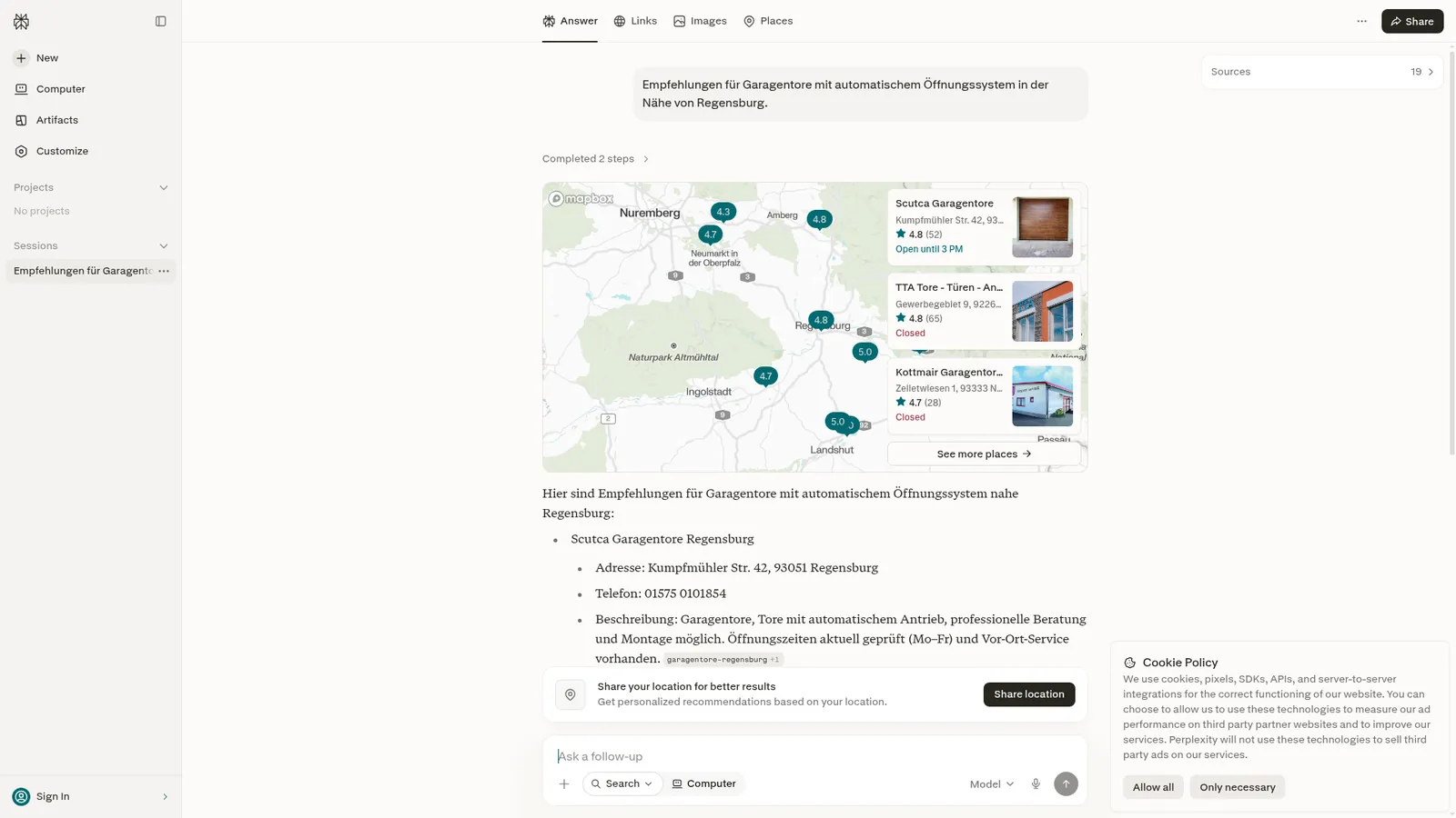 Perplexity zur Frage „Empfehlungen für Garagentore mit automatischem Öffnungssystem in der Nähe von Regensburg.“, Scutca Garagentore wird als Quelle genannt