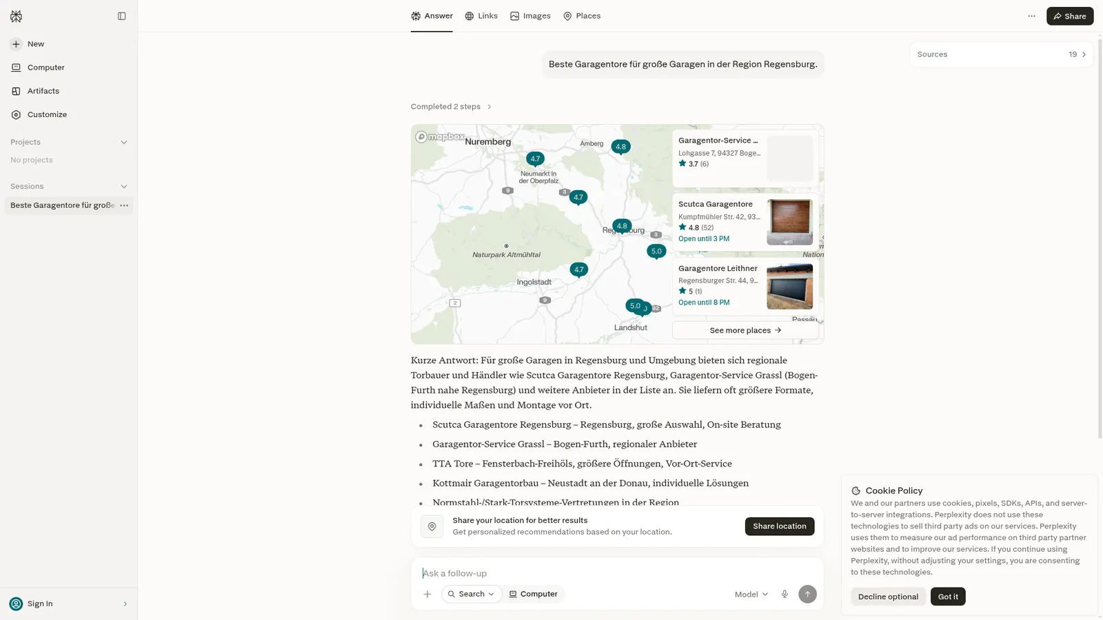 Perplexity zur Frage „Beste Garagentore für große Garagen in der Region Regensburg.“, Scutca Garagentore wird als Quelle genannt