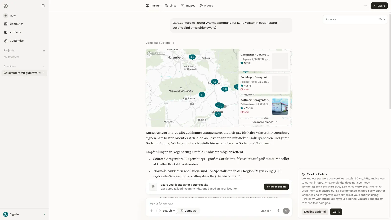 Perplexity zur Frage „Garagentore mit guter Wärmedämmung für kalte Winter in Regensburg – welche sind empfehlenswert?“, Scutca Garagentore wird als Quelle genannt