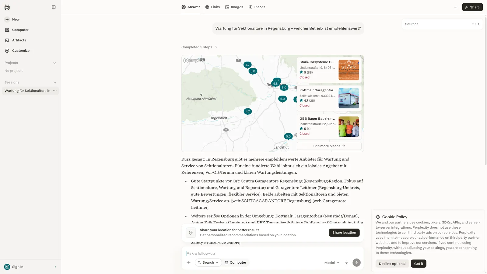 Perplexity zur Frage „Wartung für Sektionaltore in Regensburg – welcher Betrieb ist empfehlenswert?“, Scutca Garagentore wird als Quelle genannt
