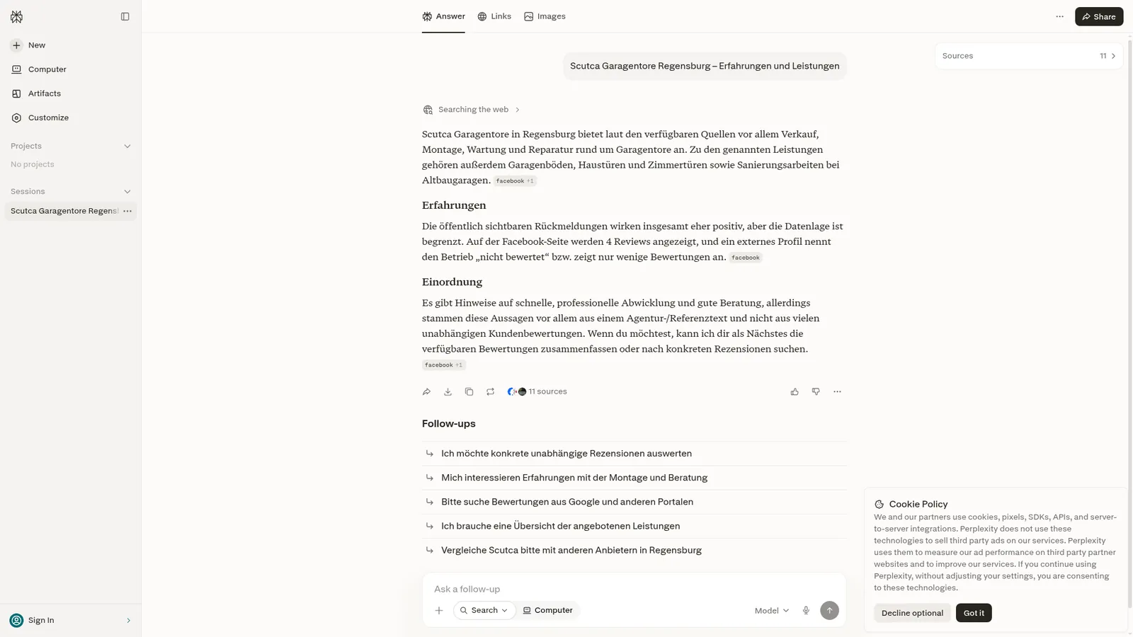 Perplexity zur Frage „Scutca Garagentore Regensburg – Erfahrungen und Leistungen“, Scutca Garagentore wird als Quelle genannt
