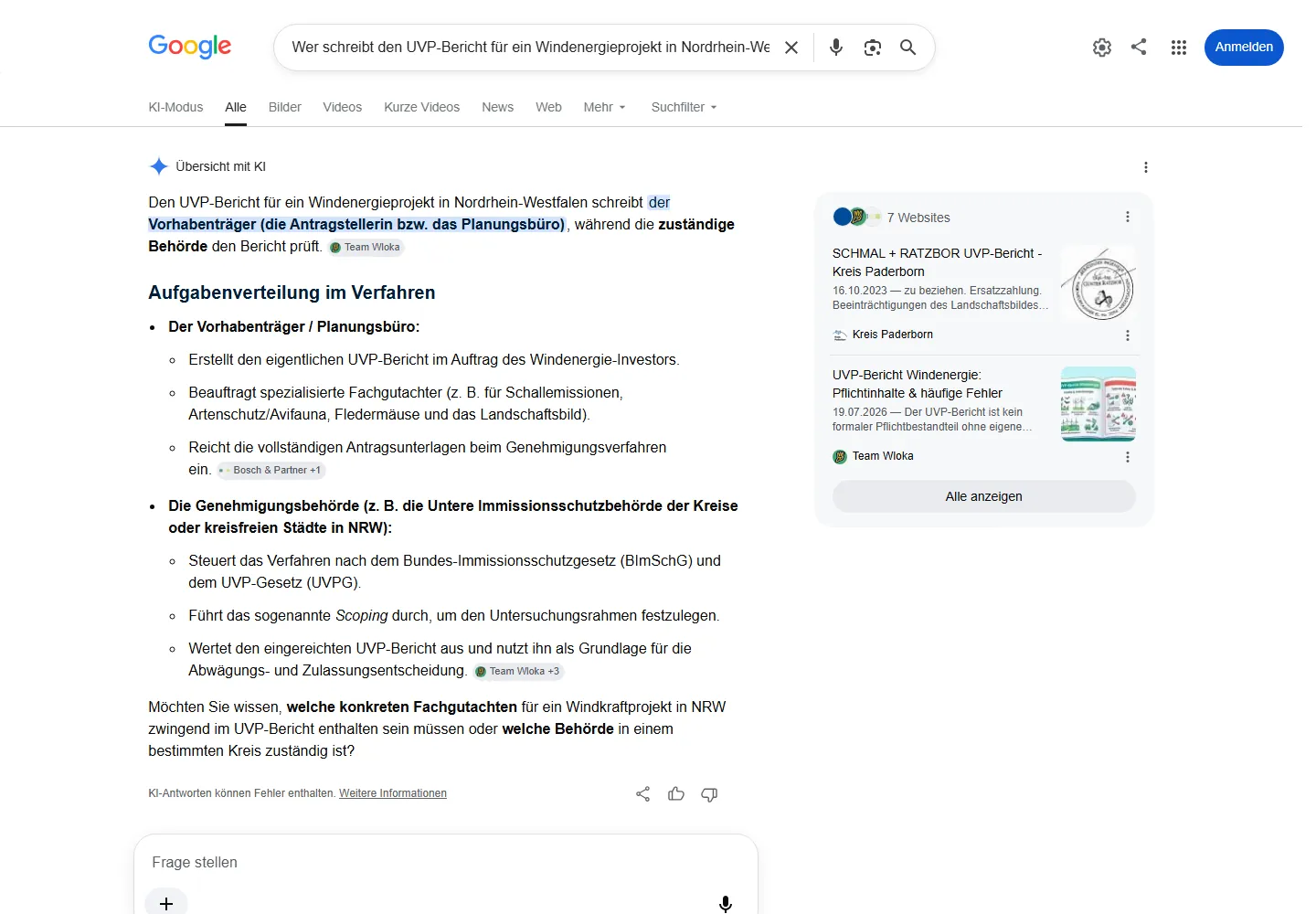 Google AI Overview zur Frage „Wer schreibt den UVP-Bericht für ein Windenergieprojekt in Nordrhein-Westfalen?“, Team Wloka wird als Quelle genannt