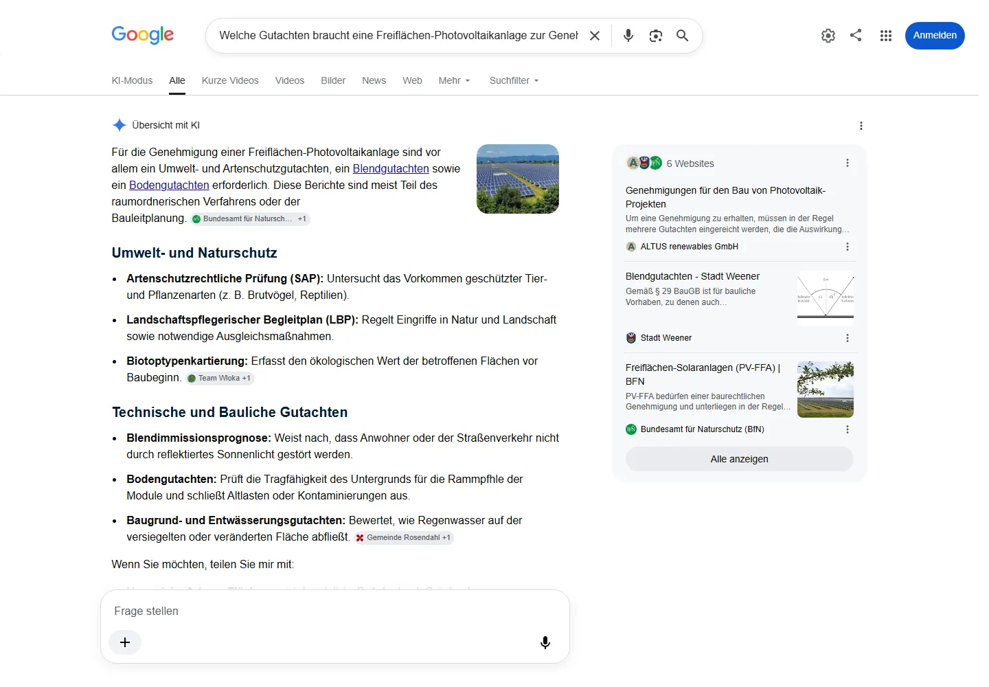 Google AI Overview zur Frage „Welche Gutachten braucht eine Freiflächen-Photovoltaikanlage zur Genehmigung?“, Team Wloka wird als Quelle genannt