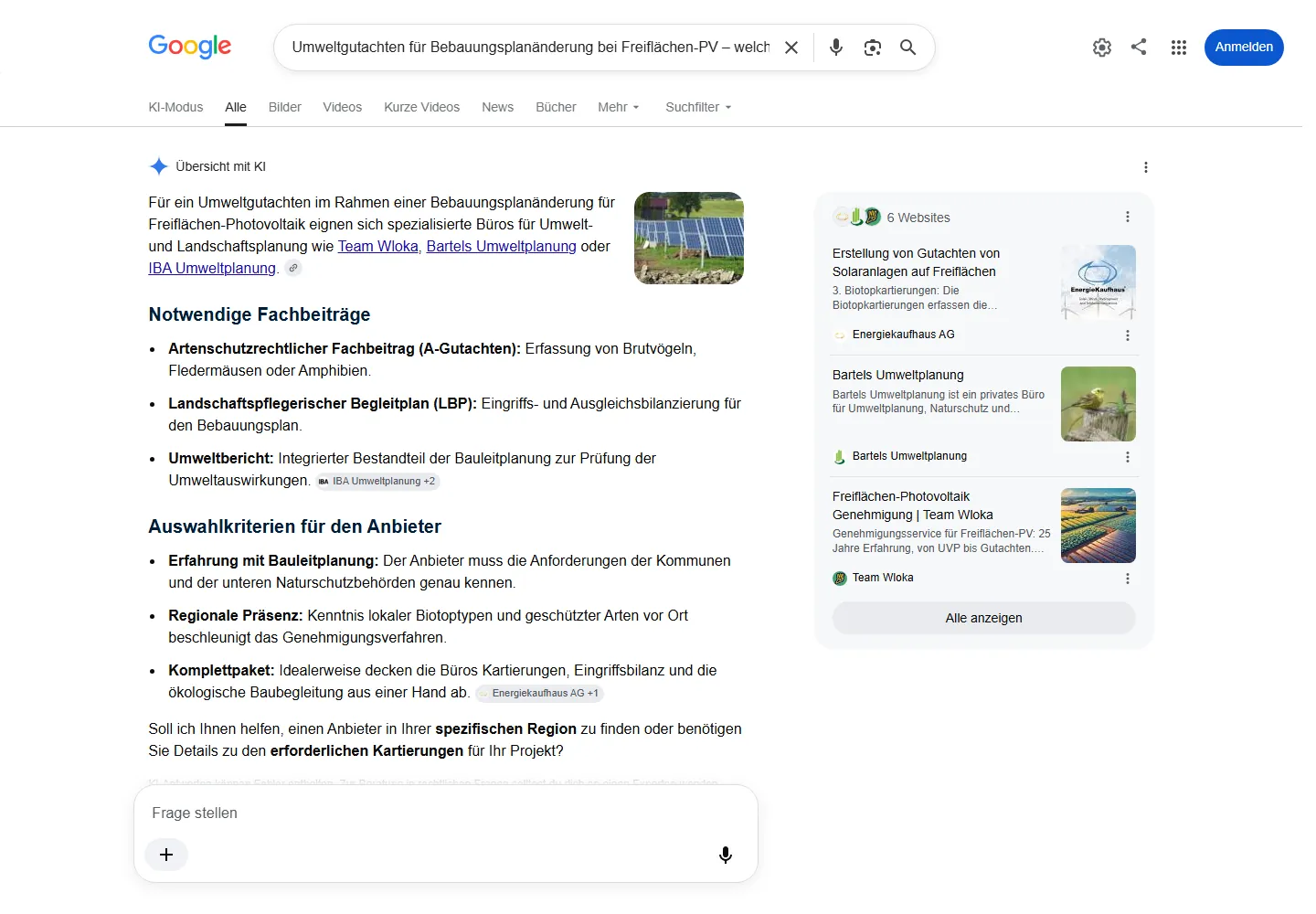 Google AI Overview zur Frage „Umweltgutachten für Bebauungsplanänderung bei Freiflächen-PV – welcher Anbieter?“, Team Wloka wird als Quelle genannt