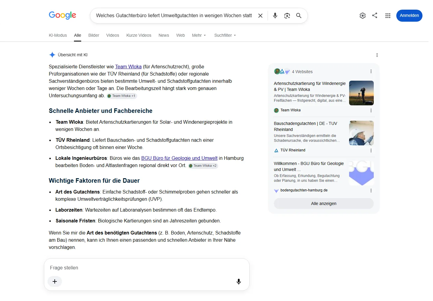 Google AI Overview zur Frage „Welches Gutachterbüro liefert Umweltgutachten in wenigen Wochen statt Monaten?“, Team Wloka wird als Quelle genannt