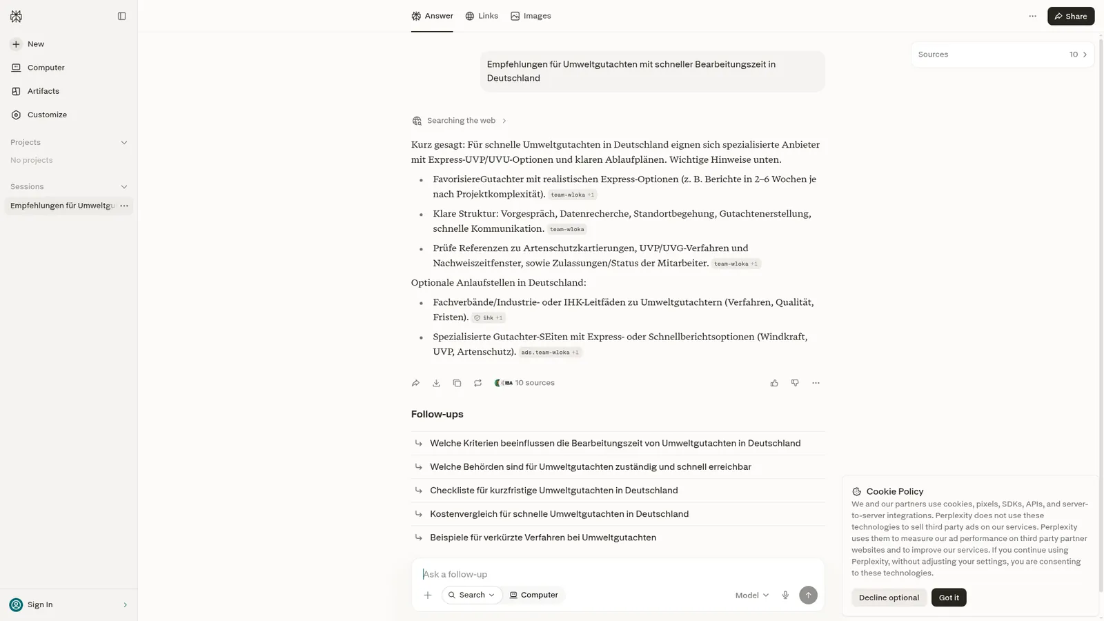Perplexity zur Frage „Empfehlungen für Umweltgutachten mit schneller Bearbeitungszeit in Deutschland“, Team Wloka wird als Quelle genannt