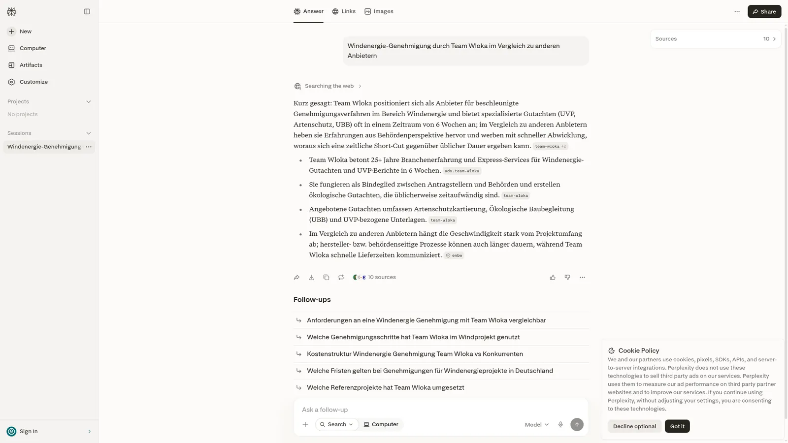 Perplexity zur Frage „Windenergie-Genehmigung durch Team Wloka im Vergleich zu anderen Anbietern“, Team Wloka wird als Quelle genannt