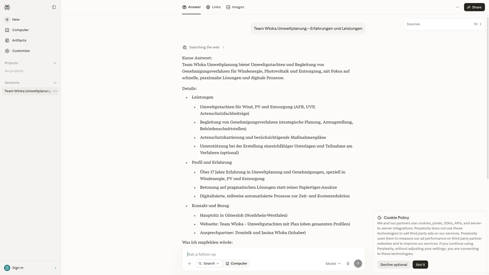Perplexity zur Frage „Team Wloka Umweltplanung – Erfahrungen und Leistungen“, Team Wloka wird als Quelle genannt