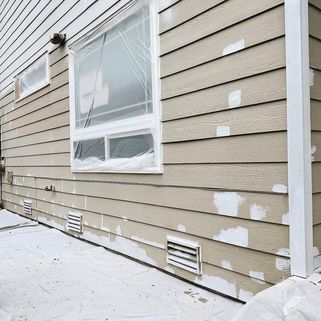 An ongoing exterior painting project in Bellevue with windows covered for protection