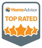 HomeAdvisor Top Rated badge with five stars in orange and gray shield background.