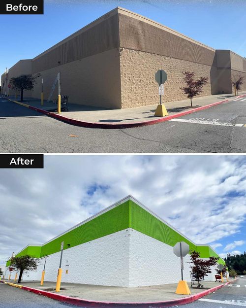 Before and after view of a commercial building's exterior corner, showing the wall transformed from plain beige to white with a bright green upper section under a partly cloudy sky.